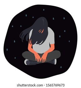 Sad and lonely teenager girl sitting in lotus position on the floor and lowered her head down. Depression, sorrow, sadness, mental disorder, illness. Flat vector illustration