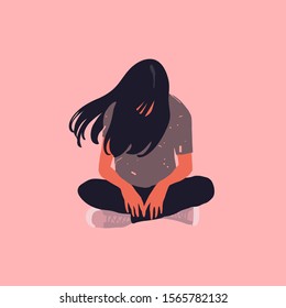 Sad and lonely teenager girl sitting in lotus position on the floor and lowered her head down. Depression, sorrow, sadness, mental disorder, illness. Flat vector illustration