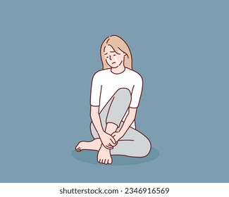 Sad and lonely teenager girl sitting in lotus position on the floor and lowered her head down. Depression, sorrow, sadness, mental disorder, illness. Hand drawn style vector design illustrations.