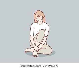 Sad and lonely teenager girl sitting in lotus position on the floor and lowered her head down. Depression, sorrow, sadness, mental disorder, illness. Hand drawn style vector design illustrations.