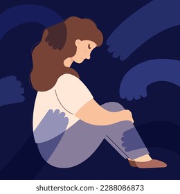 Sad lonely unhappy girl sits and hugs her knees from fear. Scary around arm. Concept of person woman trapped in bottom due to stress and depression. Vector illustration in flat style.