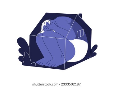 Sad lonely unhappy person in despair. Staying home alone in isolation. Fear, depression, social phobia, psychology problem concept. Flat graphic vector illustration isolated on white background