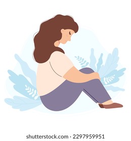 Sad lonely unhappy woman sits and hugs her knees. Concept of person trapped in bottom due to stress and depression. Vector illustration in flat style