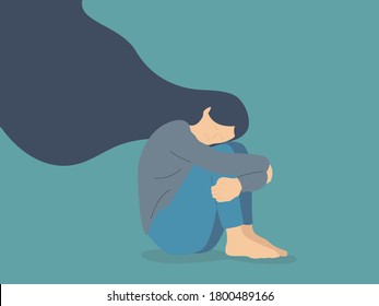 Sad lonely Woman in depression with flying hair. Young unhappy girl sitting and hugging her knees. Depressed teenager. Colorful vector illustration