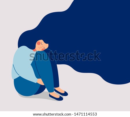Sad lonely Woman in depression with flying hair. Young unhappy girl sitting and hugging her knees. Depressed teenager. Colorful vector illustration in flat cartoon style 
