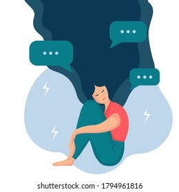 Sad lonely woman in depression with long hair, surrounded by message bubbles and lightnings. Cyber bullying. Young unhappy girl sitting and hugging her knees, receiving pop up messages. Vector.