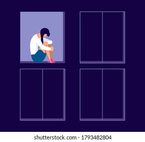 Sad lonely woman in depression sitting on a windowsill in an open window. Metaphor of Psychological crisis, regret or sad feelings. Flat Art Vector Illustration