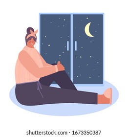 
A sad, lonely woman sits by the window. The concept of depression. Vector illustration