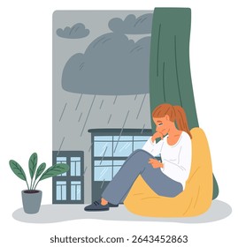 Triste mulher solitária senta chorando no fundo da cidade molhada à noite. Depressão de outono e melancolia. Menina infeliz no peitoril do apartamento. Tempo nublado. Sozinha fêmea em poltrona acolhedora. Conceito de vetor