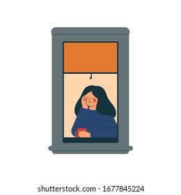 Sad lonely woman sits at home in a quarantined environment. Depressed girl sits near open window and drinks coffee. Vector illustration