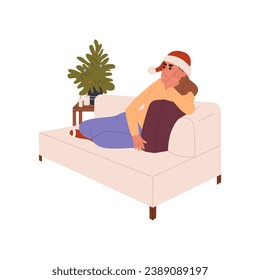 Sad lonely woman sitting on sofa indoors at Christmas. Unhappy girl spending winter holidays alone. Flat vector illustration isolated on white background 