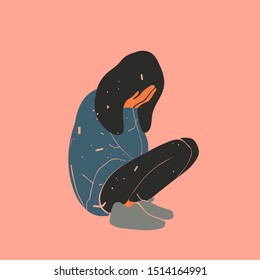 Sad and lonely young woman squatting on the floor and covers her face with his hands. Depression, sorrow, sadness, mental disorder, illness. Flat vector illustration