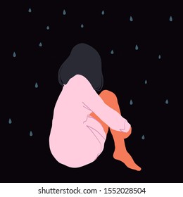 Sad and lonely young woman squatting on the floor. Depression, sorrow, sadness, mental disorder, illness. Flat vector illustration