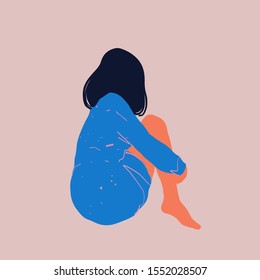 Sad and lonely young woman squatting on the floor. Depression, sorrow, sadness, mental disorder, illness. Flat vector illustration