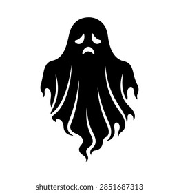 Sad Long Faced Ghost Vector Silhouette, Spooky Halloween Sorrowful Specter Illustration