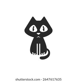 Sad Looking Black Cat Sitting Vector Illustration. Little Sad Cat Icon Logo Sticker Design Concept.