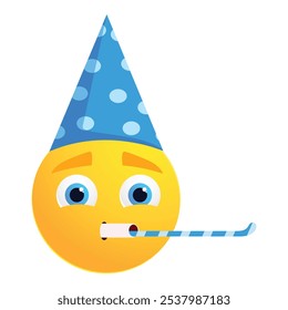 Traurig aussehende Emoji bläst eine Party-Bläser, während tragen eine blau-weiße Polka Punkt Geburtstag Hut