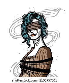 sad looking girl with blindfold.