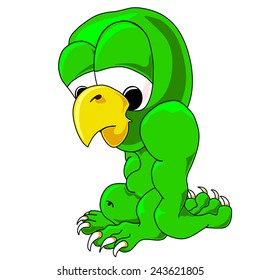 A sad looking green Halloween bird monster with a yellow beak and gorilla like arms with knuckles dragging on the ground