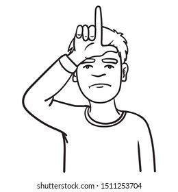 sad loser. comic boy with hand as L on head. outline, vector, depression, geek.