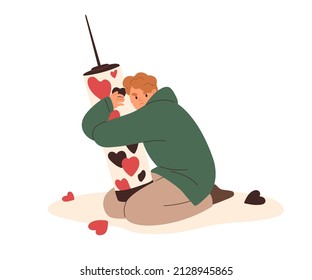 Sad love addicted person suffering from relationship dependence, affection. Psychology concept of heart addition, problem. Man in grief, sorrow. Flat vector illustration isolated on white background