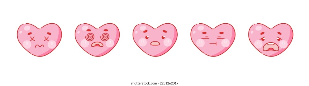 Sad love icons set. Cute heart character emoji set with tired, sad, exhausted, frustrated, frustrated, abandoned, rejected, broken facial expressions. Vector fun stickers or emotions for web and print