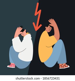 Sad lovers sit with their backs to each other. The concept of quarrels and resentments, conflict. An unhappy young family. Vector illustrations