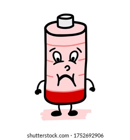 Sad low discharged AA battery cell character mascot, almost dead, out of energy. Cartoon illustration hand drawn on white background. Isolated vector drawing.