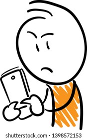 Sad mad man with the phone laptop. Doodle style vector illustration object isolated hand draw. Line art cartoon design character