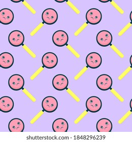 Sad magnifier, seamless pattern on purple background.