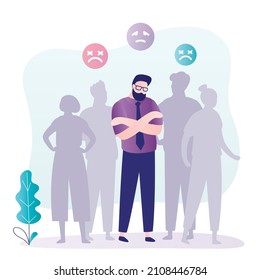 Sad male character among people. Unhappy man feels alone in crowd. Guy experiencing different emotions. Frustrated person feels uncomfortable in society. Loneliness concept. Flat vector illustration