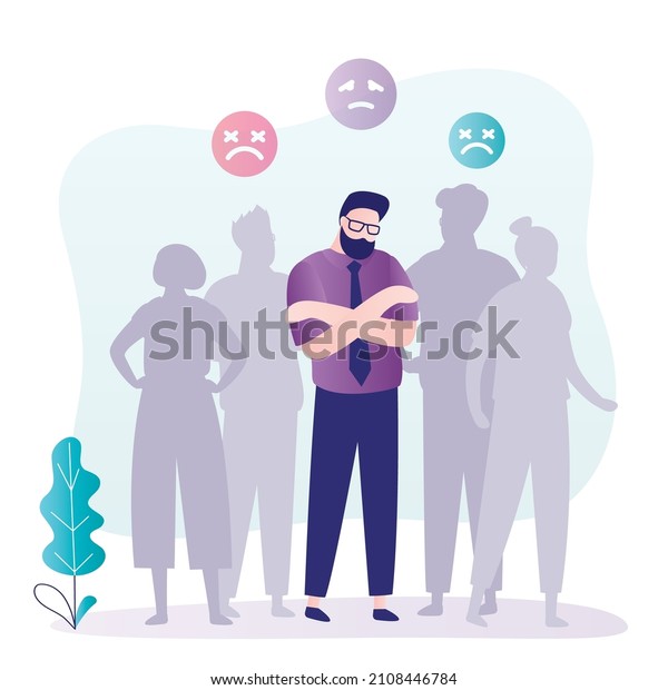 Sad male character among people. Unhappy man\
feels alone in crowd. Guy experiencing different emotions.\
Frustrated person feels uncomfortable in society. Loneliness\
concept. Flat vector\
illustration
