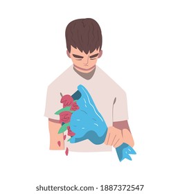 Sad Male Character with Bunch of Flowers Suffering Because of Lost Love and Heartbreak Vector Illustration
