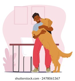 Sad Male Character Hugging A Dog In An Indoor Setting. Cartoon Vector Scene Portrays Emotions Of Comfort And Companionship, Highlighting The Bond Between Humans And Pets. Cartoon Vector Illustration