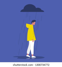 Sad male character standing under the rain. Overcast weather. Emotions. Solitude concept. Flat editable vector illustration, clip art