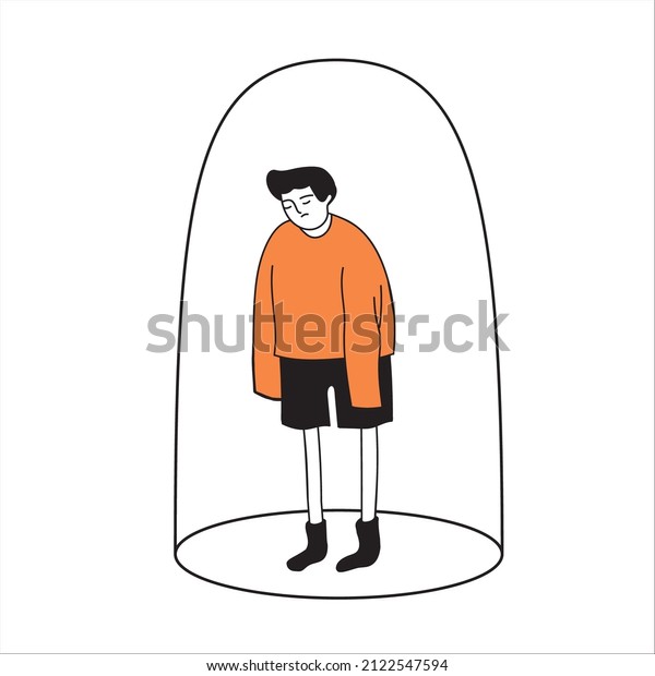 Sad\
male character under the dome. Personal boundaries. A man is\
unhappy because of loneliness. Vector hand-drawn illustration in\
the style of doodles on an isolated white\
background.