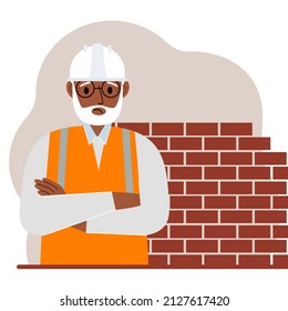 Sad male construction worker in a white helmet and an orange vest. Vector flat illustration