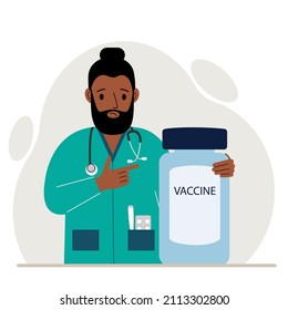 Sad Male Doctor Next To A Jar Of Vaccine. Pandemic. Vector Flat Illustration