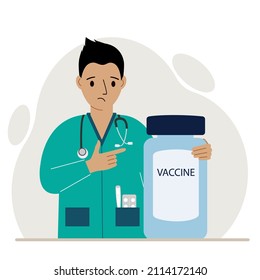 Sad Male Doctor Next To A Jar Of Vaccine. Pandemic. Vector