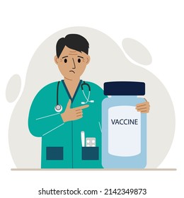 Sad Male Doctor Next To A Jar Of Vaccine. Pandemic. Vector