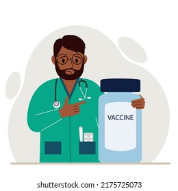 Sad Male Doctor Next To A Jar Of Vaccine. Pandemic. Vector Flat Illustration