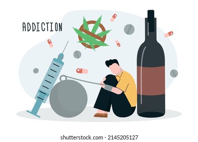 Los hombres que drogan tristes tienen diferentes adicciones. Ayuda para abusar del hombre con adicción. Toxicomanía, alcohol y tabaco. Centro de Narología adicto a la gente. Atención médica. Ilustración vectorial plana