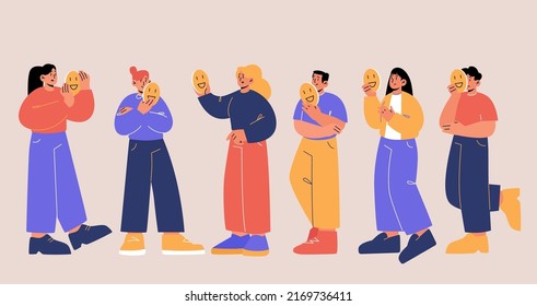 Sad male and female characters hiding faces behind of smiling masks expressing fake positive emotions. Men and women disguising real feelings, bipolar disease, Line art flat vector illustration