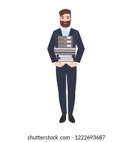 Sad male office worker or clerk carrying stack of paper documents. Tired unhappy manager overloaded with work isolated on white background. Colorful vector illustration in modern flat cartoon style.