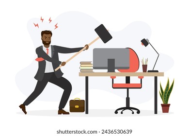 Sad male office worker wants to smash his workplace using hammer. Burnout at work. Unhappy african american businessman. Business stress, deadline. Dissatisfaction with work. Flat vector illustration