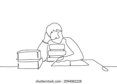 Sad Male Student Sitting In Pile Of Books - One Line Drawing Vector. Concept Man Tired Of Studying, Scientist Looking For Information In Analog Sources To No Avail, Man In The Library 