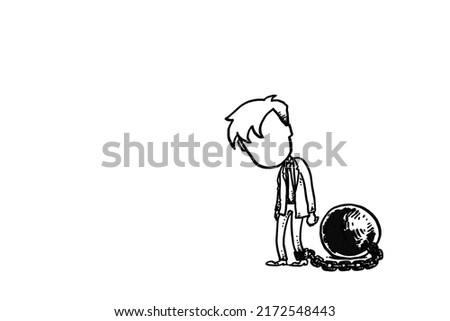 Sad male worker chained and bounded with big iron ball. Concept of trapped with repetitive office life. Cartoon vector illustration design