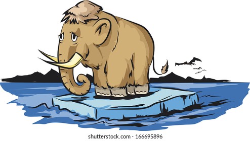 
A sad mammoth on an iceberg at the end of an ice age.