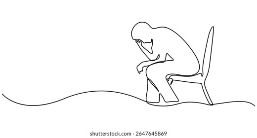 sad man alone concept continuous one line drawing, Simple one line drawing of a depressed, stressed out man Transparent background png file, Single line drawing illustration of thinking man. minimall.