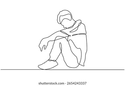 homem triste sozinho conceito contínuo um desenho de linha, Simples um desenho de linha de um homem deprimido, estressado Transparente, elementos são desenhados em fundo branco.